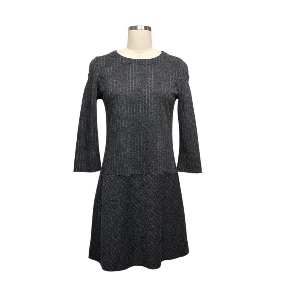 J. Jill Womens XS Petite Gray Pinstripe Ponte Knit 3/4 Sleeve Drop Waist Dress